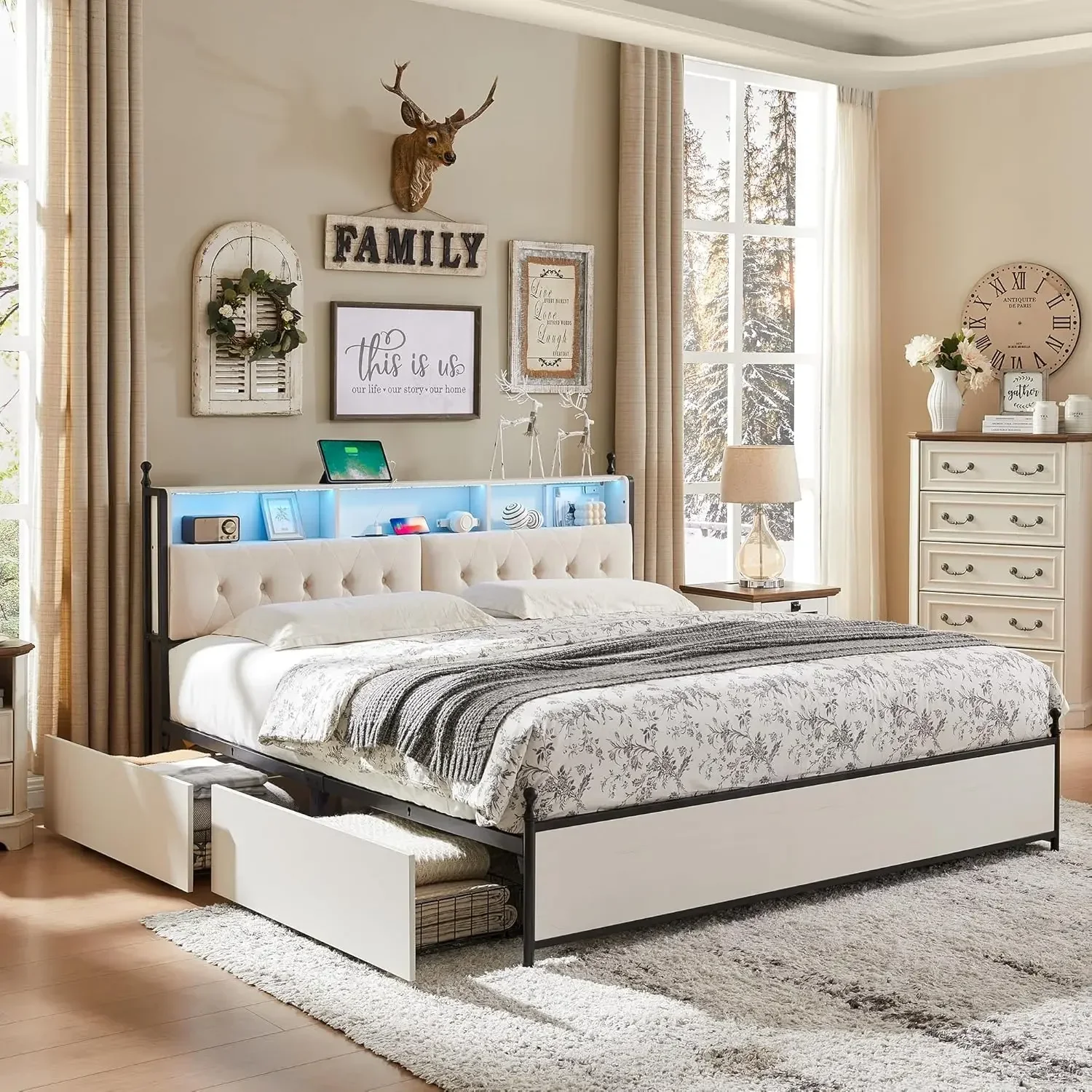 King Size Bed Frame with Upholstered Headboard, Modern Farmhouse Wood Metal Platform Bed with Storage Drawers,Antique White 3