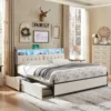 King Size Bed Frame with Upholstered Headboard, Modern Farmhouse Wood Metal Platform Bed with Storage Drawers,Antique White 3
