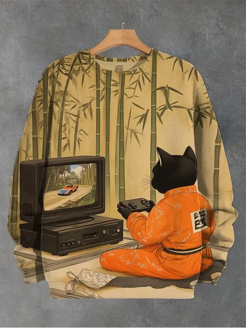 2025 Men's Animal Cat Sweatshirts Long Sleeve Sweatshirt O-Neck Fashion Cool 3D Printed Japanese Art Prints Casual Sweatshirts 5
