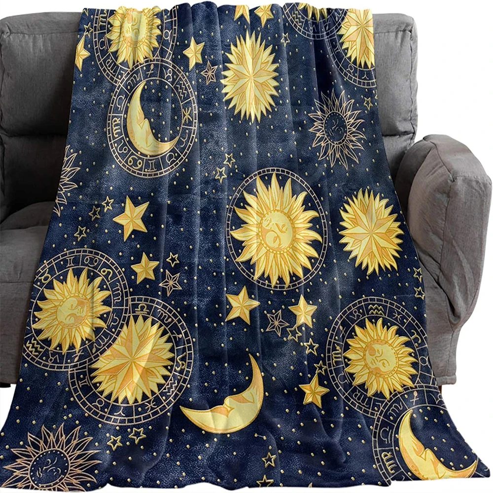 

Flannel Throw Blankets Boho Chic Golden Sun Moon and Stars Blue Black Sky Antique Blankets Lightweight Luxury Blanket,Couch Bed