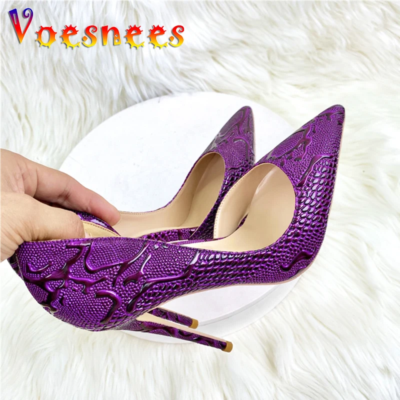 

2023 New Retro Style Summer Office High Heels 10CM Stiletto Pointed Toe Womens Shoes Purple Sexy Snake Patterned Nightclub Pumps