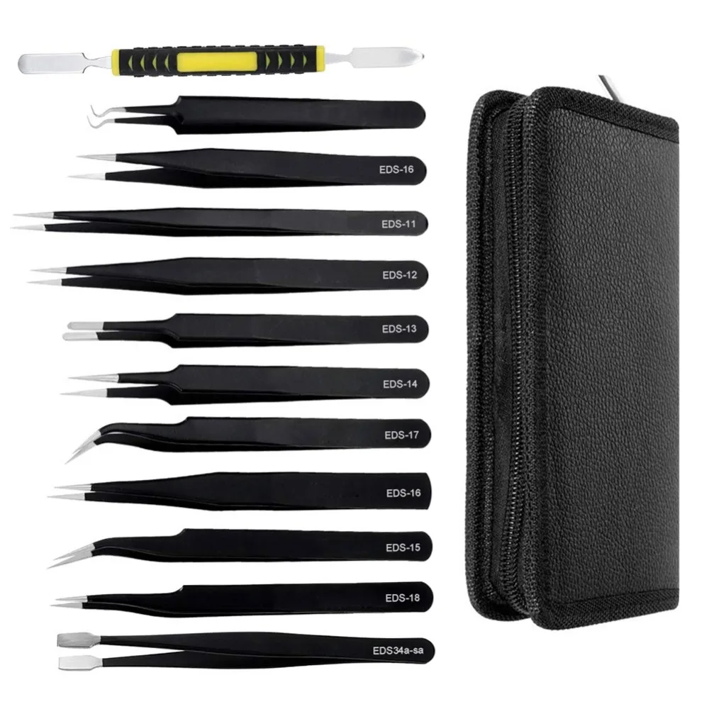 12 Pieces ESD Tweezers Tools Kit Anti-static Non-magnetic Stainless Steel Multi-standard with Storage Bag tweezer tool esd anti static tweezers