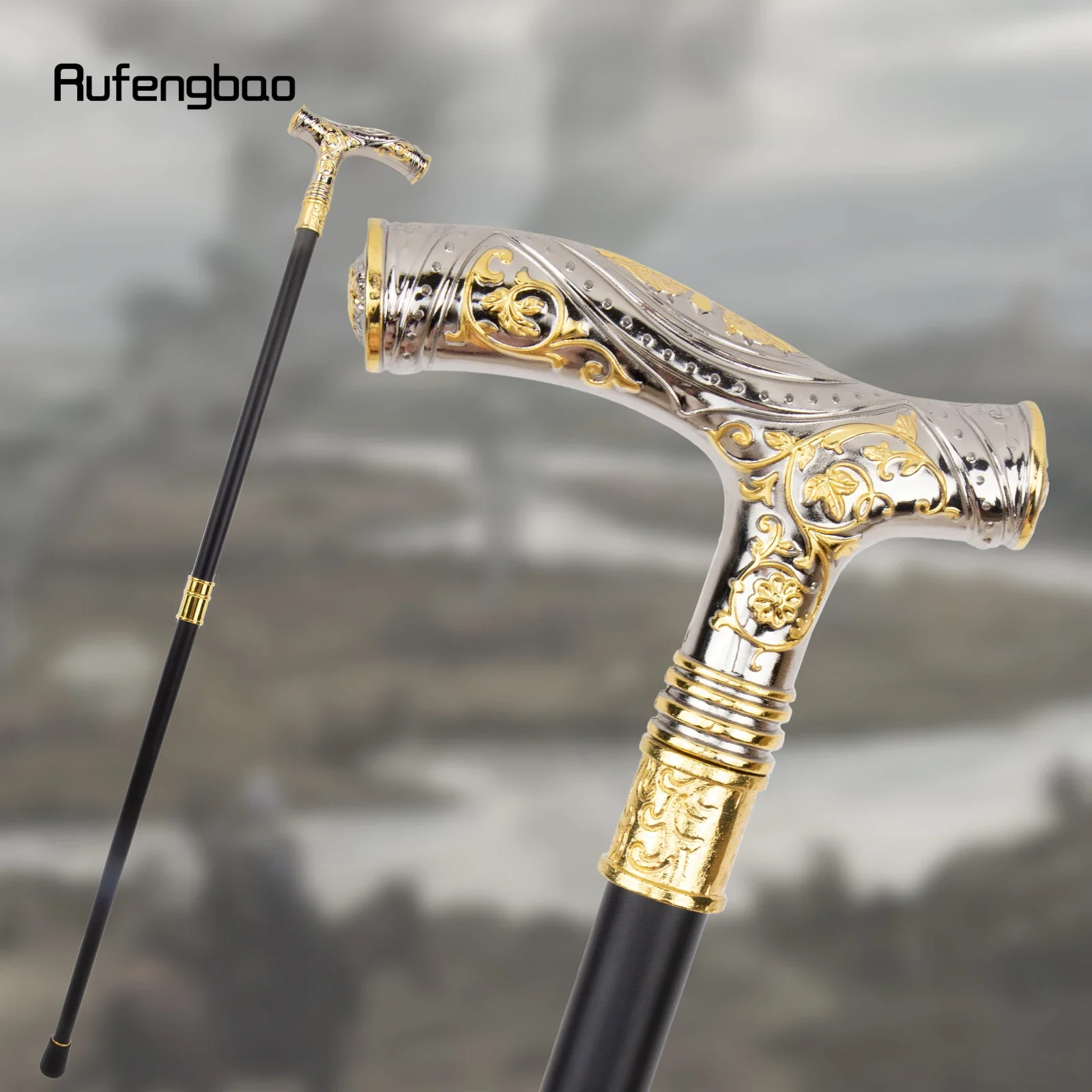 Golden White Wolf Head Flower Totem Relief Walking Cane Fashion Walking Stick Gentleman Crosier Knob Walking Stick 93cm
