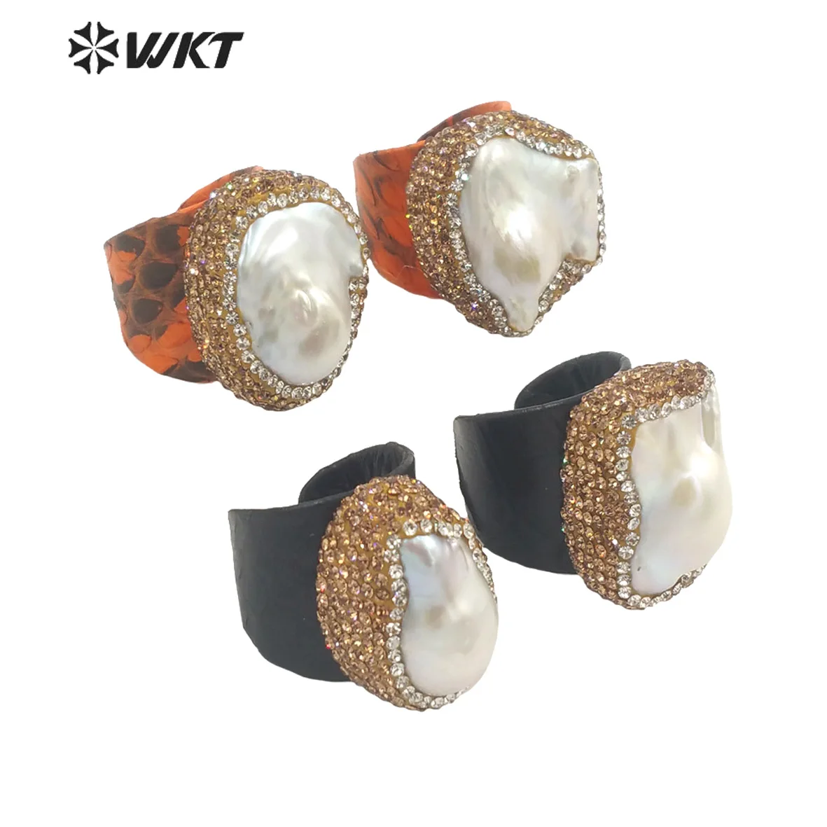 

WT-MPR040 WKT 2022 Attractive Style Baroque Pearl&RhineStone&Genuine Leather Finger Ring Gold-Plate Fashion Ring