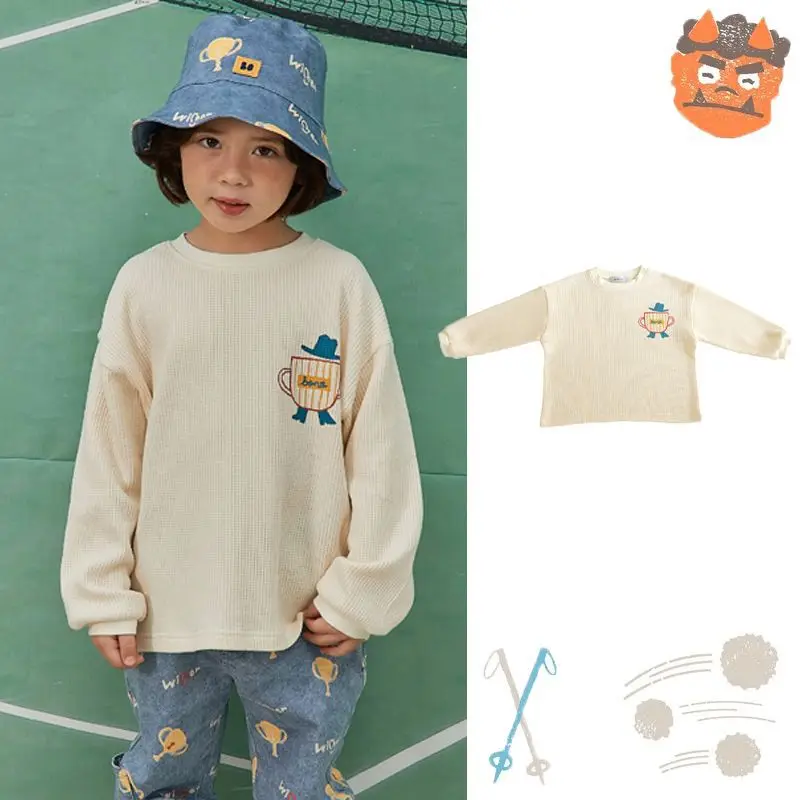 

Jenny&Dave 2024 Autumn New Children's Casual Top with Cartoon Letter Printed Waffle Long sleeved T-shirt for Children