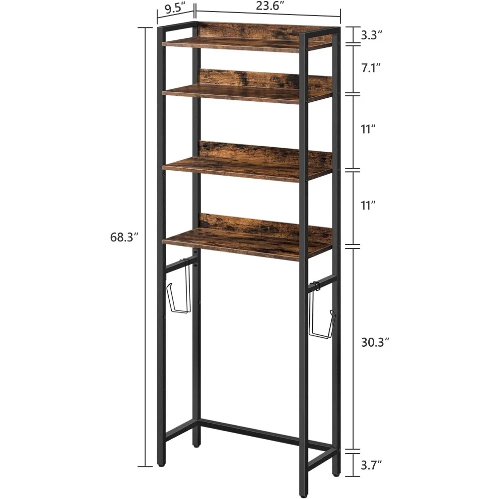 Over The Toilet Storage Rack, 4 Tier Bathroom Organizer Over Toilet, Freestanding Space Saver Toilet Stand with 2 Hooks, 2