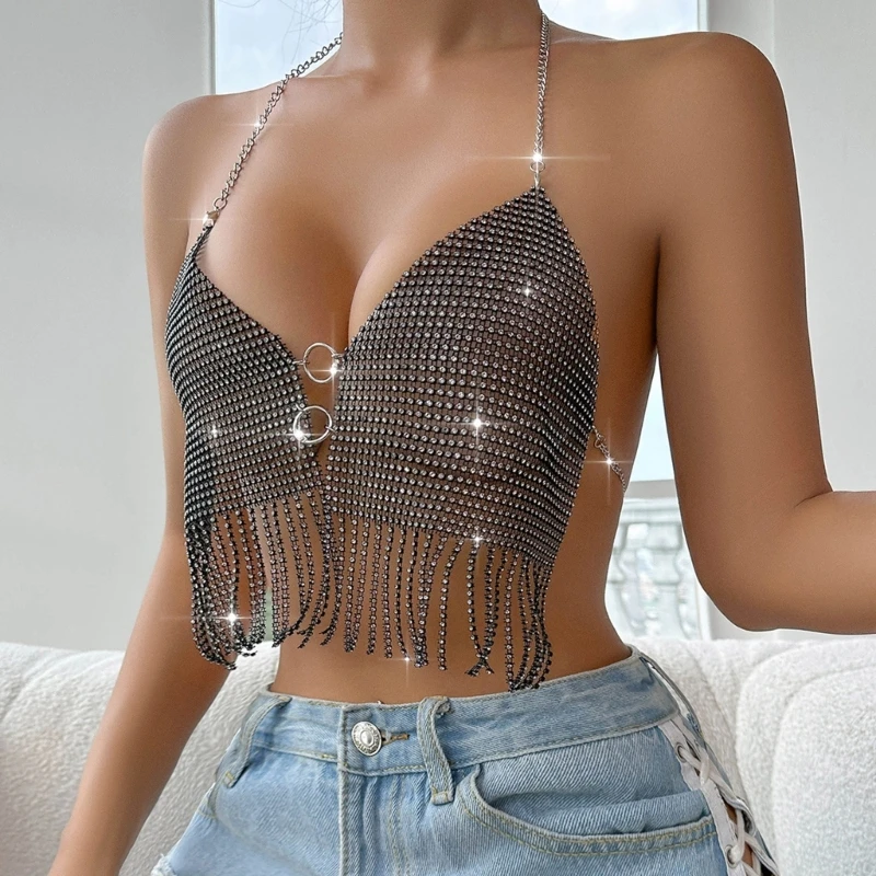 

Сексуальный сетчатый бюстгальтер с открытой спиной и лямкой на шее, стразы, кисточки, бретелька для женщин, вечерние, для клуба,