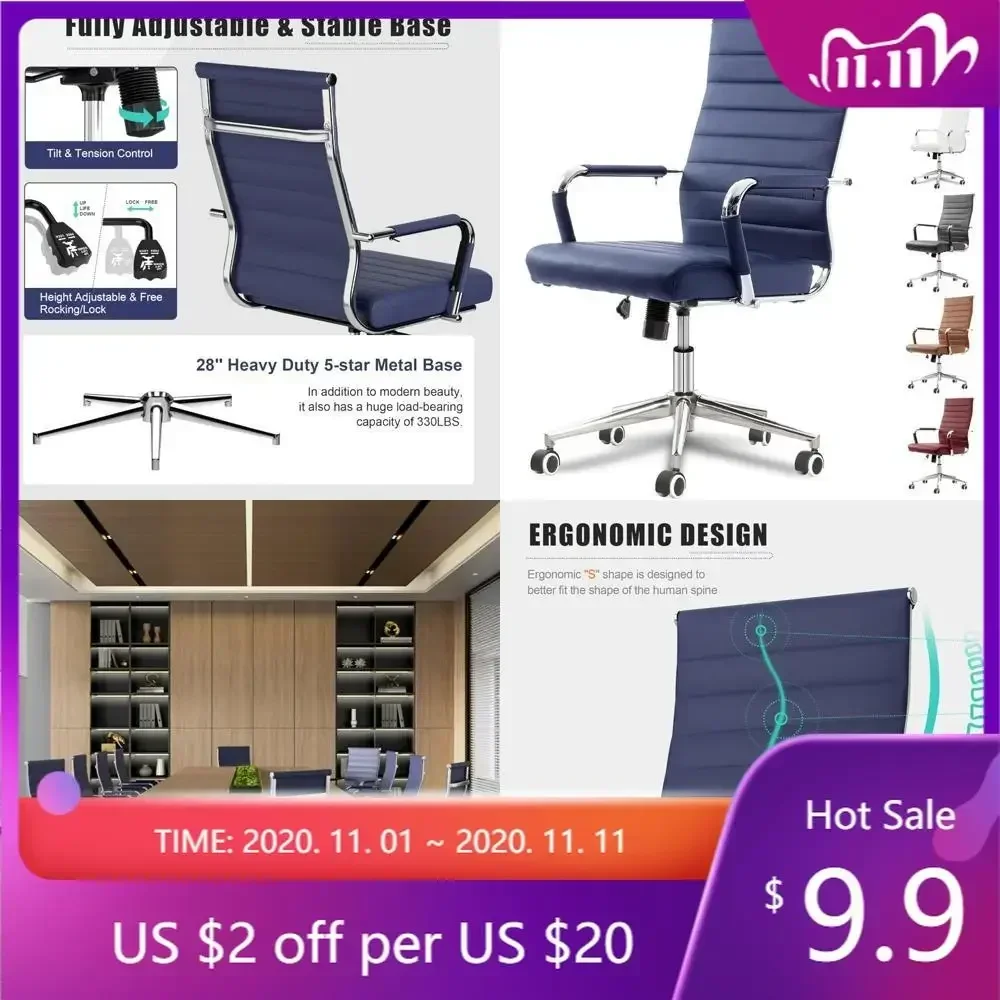 "ergonomic navy blue desk chair for office, modern leather swivel seat, executive ribbed adjustable height"