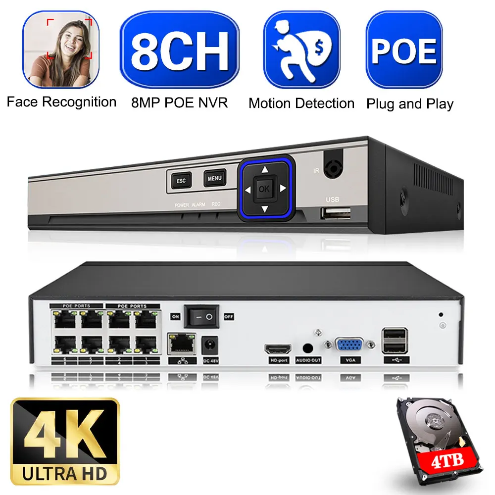 8MP Face Detection 4CH 8CH POE 4K NVR H.265 NVR Network Video Recorder 8 channel 1 HDD 24/7 Recording IP Camera 2.6 P2P System