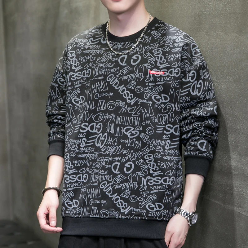 Men\'s Spring Autumn Round Neck Pullover Geometric Shape Letter Printed Lantern Long Sleeve Sports Hoodies T-shirt Undershirt Top
