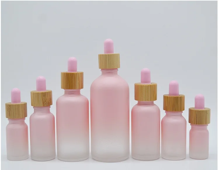 5X 5-100ml Frosted Gradient Pink Bamboo Cap Glass Dropper Bottles Essential Oil Perfume Refillable Bottles Glass Pipettes Vial 3