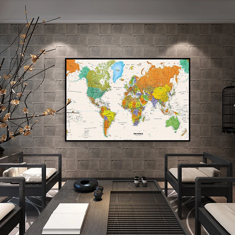 

75*50cm The World Political Map Vintage Canvas Painting Fabric Card Wall Art Poster School Supplies Living Room Home Decoration