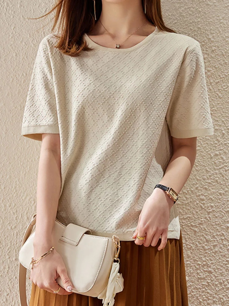 

T Shirt Femme Womens Knitted Tops Summer 2022 Short Sleeve Tees Plaid Tshirts For Women Loose Casual Korean Clothing T-shirts