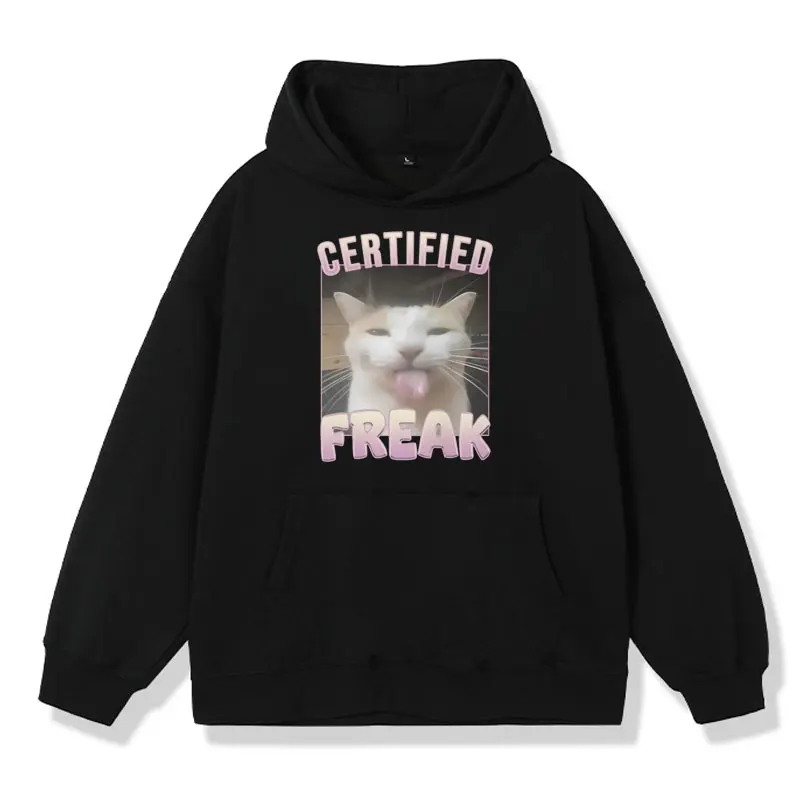 Certified Freak Funny Cute Cat Meme Hoodie Male Autumn Winter Long Sleeve Hoodies Fashion Oversized Pullover Sweatshirt Unisex