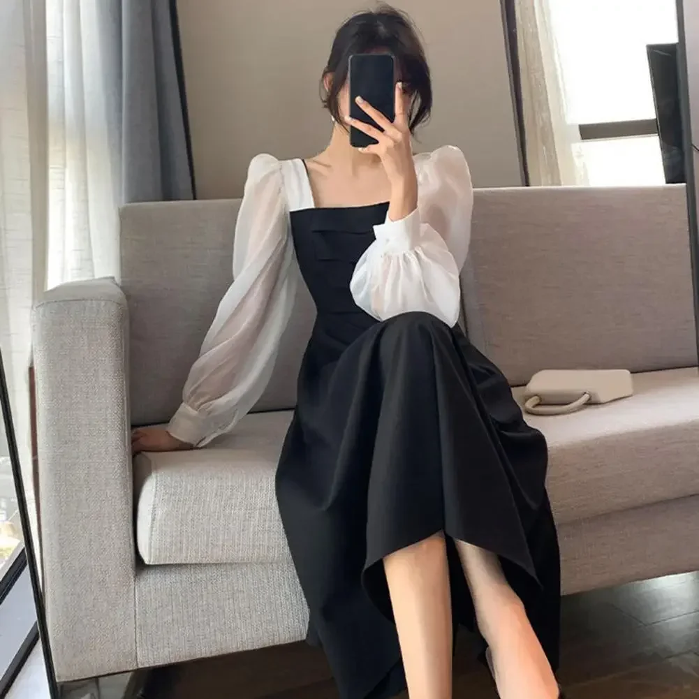 

Women Dress Patchwork Long Sleeves Autumn Solid Color Mid-calf Length Square Neck Dress Vintage Dress-up Spring Dress