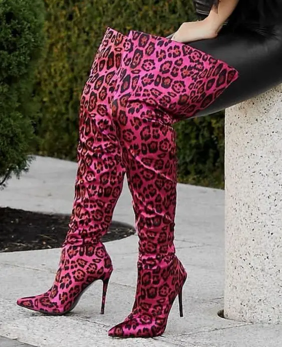 

Nw Sexy Pink Leopard Stiletto High Heel Thigh High Boots Gladiator Women Pointed Toe Party Boots Zip Lady Fashion Shoes 2022