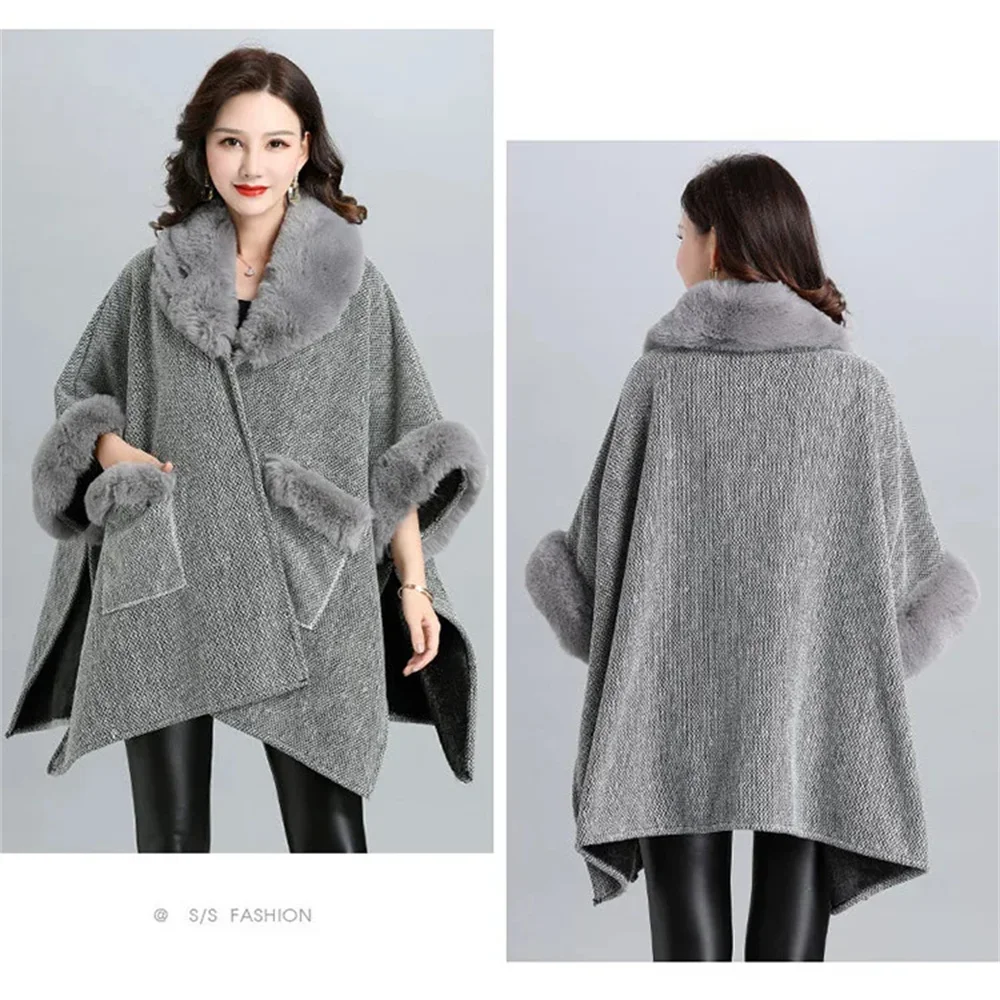 6 Colors Winter Warm Poncho Cloak Turn-down Faux Rabbit Fur Neck Loose Overcoat  Batwing Sleeves Oversize Jacket With Pocket