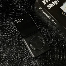 Vintage-Style Vegan Leather Pattern Case with Magnetic Ring and Camera Protection for Samsung Galaxy Z Flip 5 (Black)