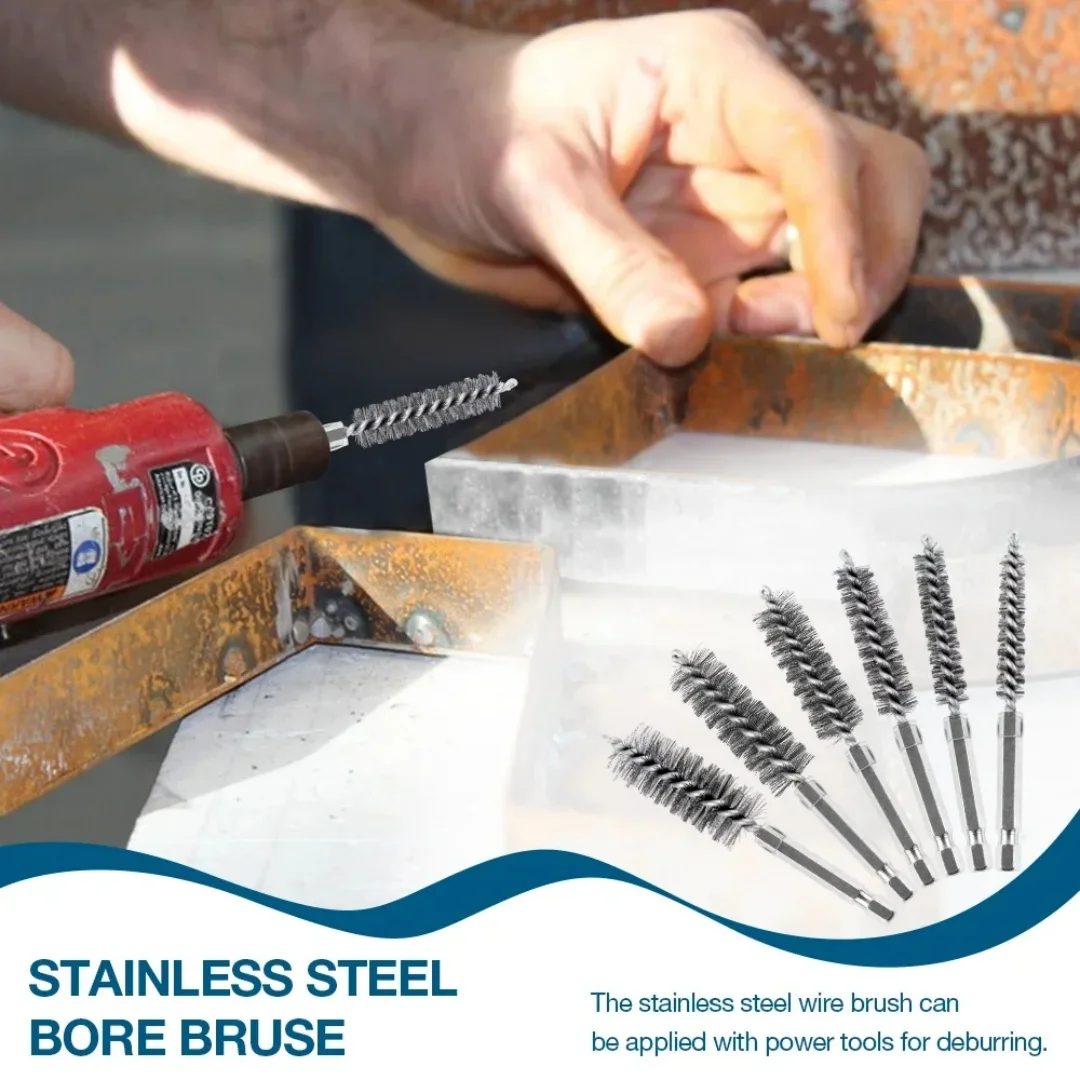 Stainless Steel Pipe Cleaning Brush Set 6 Pcs 1/4" Hexagonal Bar Twisted Wire Hole Brush Cleaning Bristle Wire wire brush set