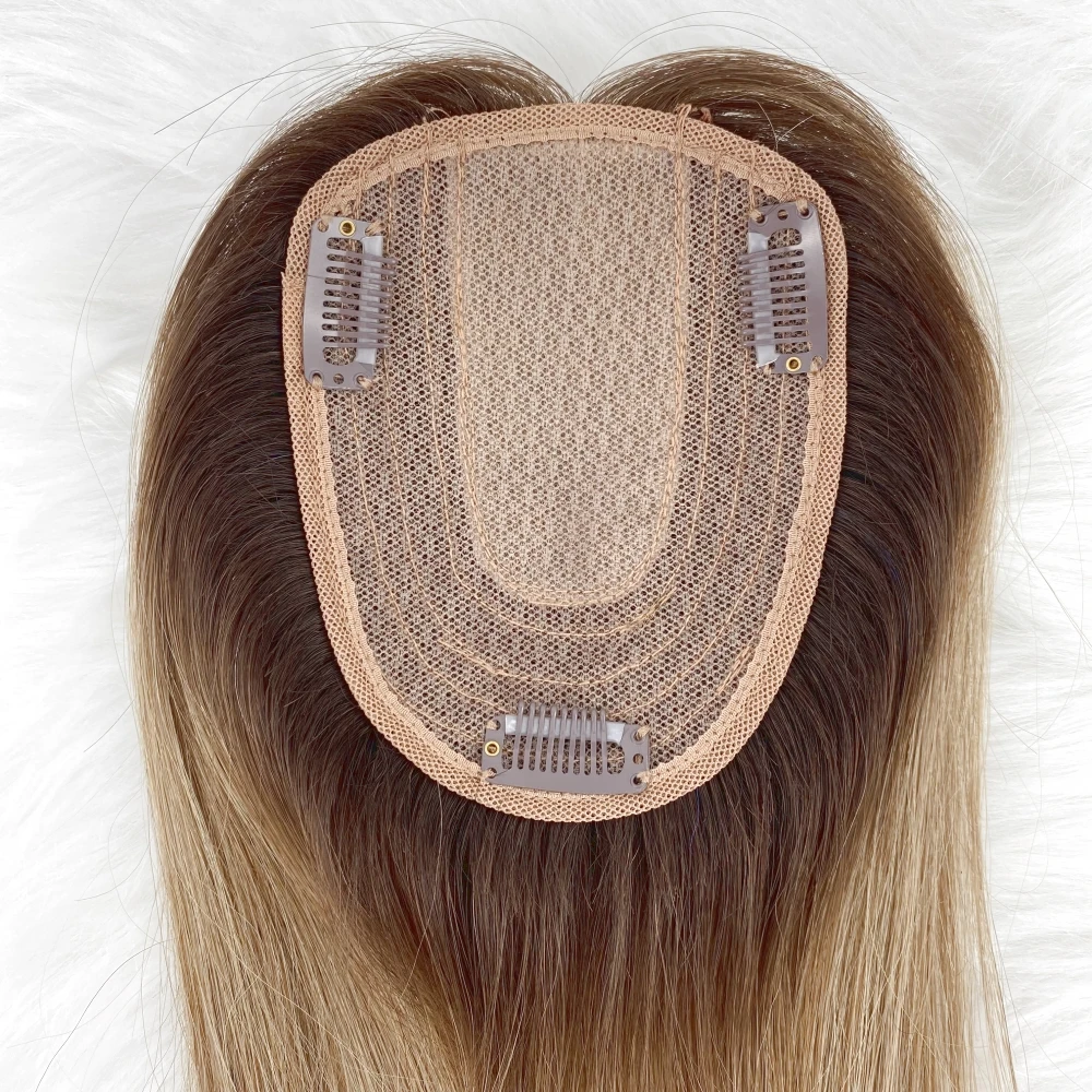 Brown Blonde Ombre Remy Human Hair Women Topper With Fringe #4/60 Two Tone Fine Hair Pieces Overlay Air Bangs 14inch 4X5.5inch
