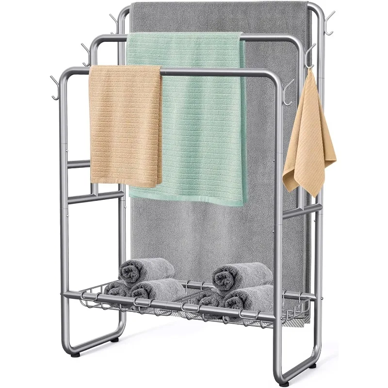 

40" H Free Standing Towel Rack with 2 Storage Baskets & 6 Hooks, 3 Tier Silver Metal Towel Stand for Extra Large Towel