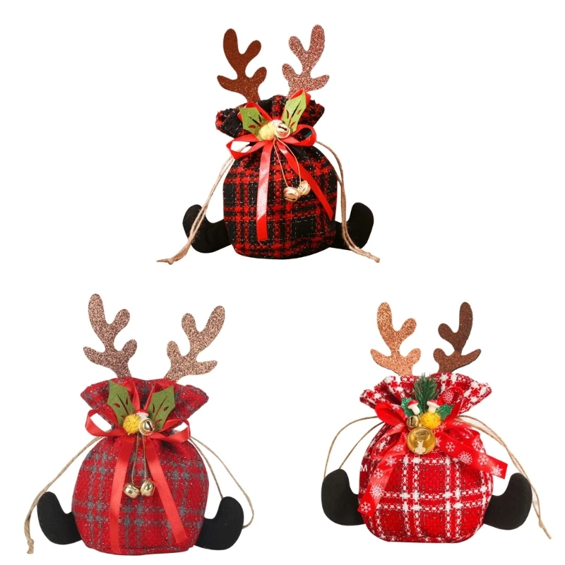 

3PCS Cute Christmas Gift Bag Portable Antler Candy Bag with Drawstring Reusable Candy Bag Party Favor Decor