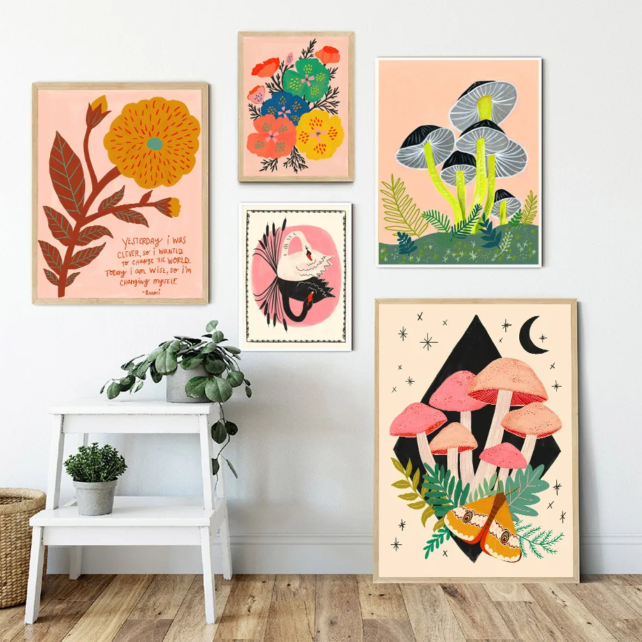 Abstract Mushroom Flower Insect Deer Boho Posters Wall Art Pictures Nordic Living Room Decor Prints Canvas Painting