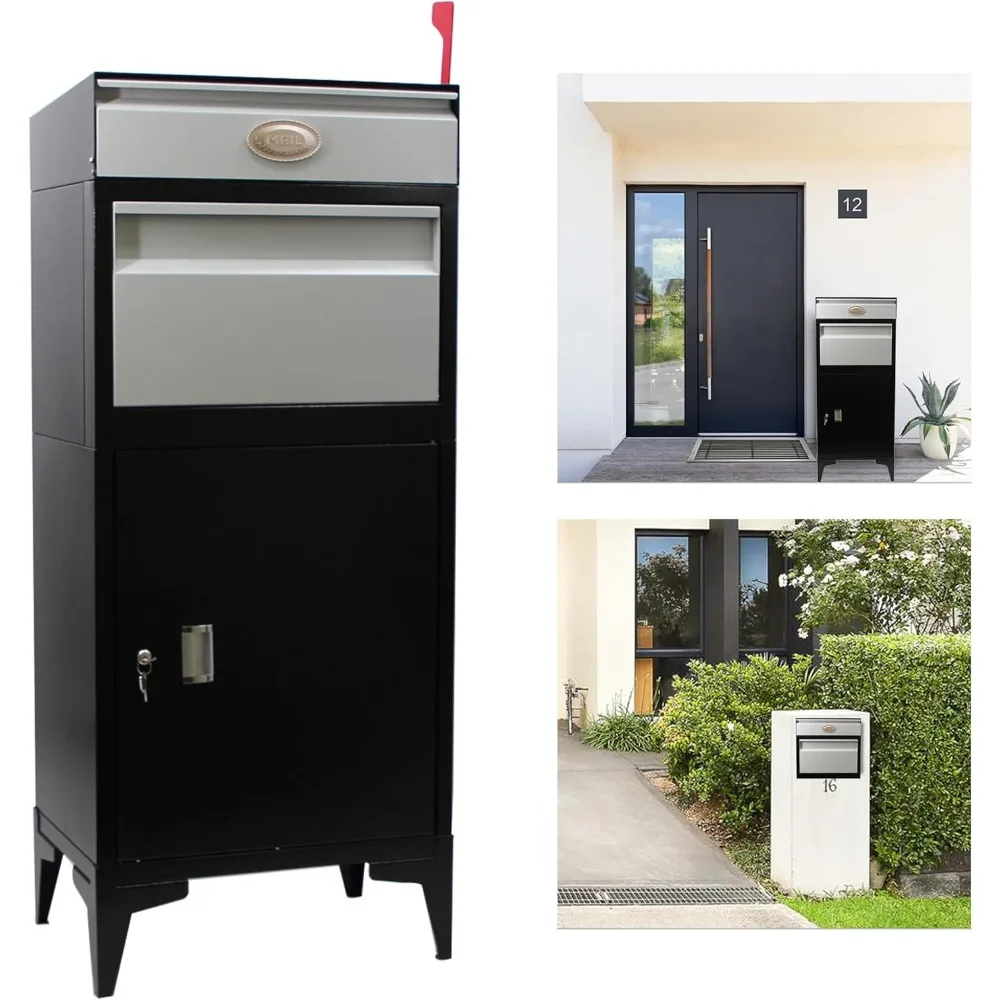 Large Package Delivery Boxes for Outside, Alloy Steel Post Mailbox, Wall Mounted Lockable Anti-Theft for Porch,Black