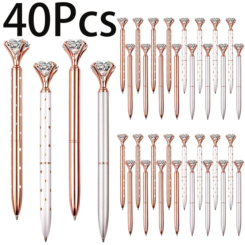 40Pcs Diamond Pen With Big Crystal Bling Metal Ballpoint Pen Office Supplies Rose Gold/White Rose Polka Dot