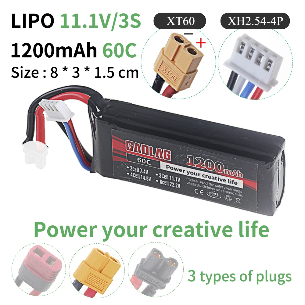 Batterie LiPo 3S 11.1V 1200mAh 60C RC pour Voiture Avion Drone