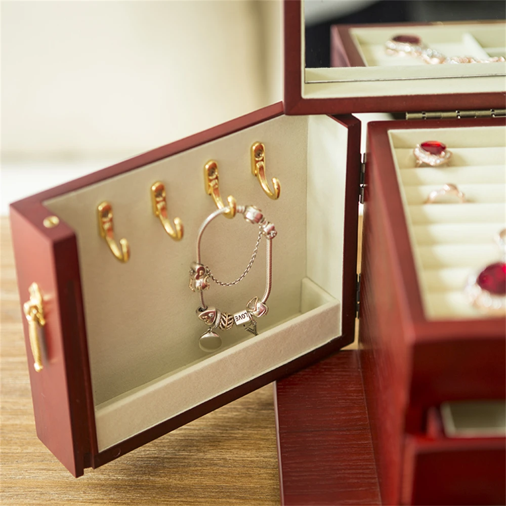 Wooden Jewelry Box Large Lockable Bracelet Earrings Necklace Ring Display Stand Women Accessories Jewelry Storage Box 2024