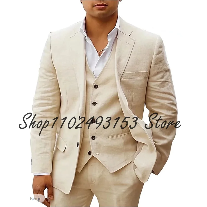 White Men's Linen Suits 3 Piece Casual Slim Fit Suits Groomsmen Tuxedos Wedding Summer Beach Costume Homme Blazer Vest Pants