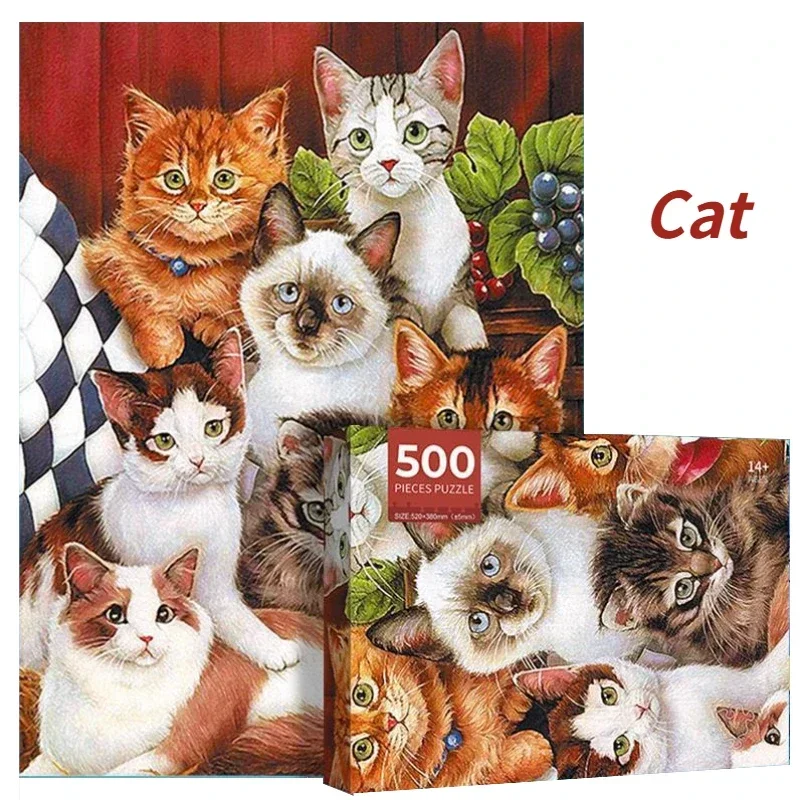 

38*52cm Adults 500 Pieces Paper Jigsaw Puzzles Cat Cute Animals Paintings Stress Reducing Toys Entertainment Christmas Gifts