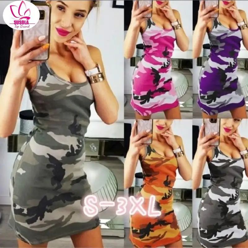

SUSOLA Lady New Womens Camouflage Printed Tank Tops Sleeveless Bodycon Strapless Dresses Summer Holiday Beach Mini Dress