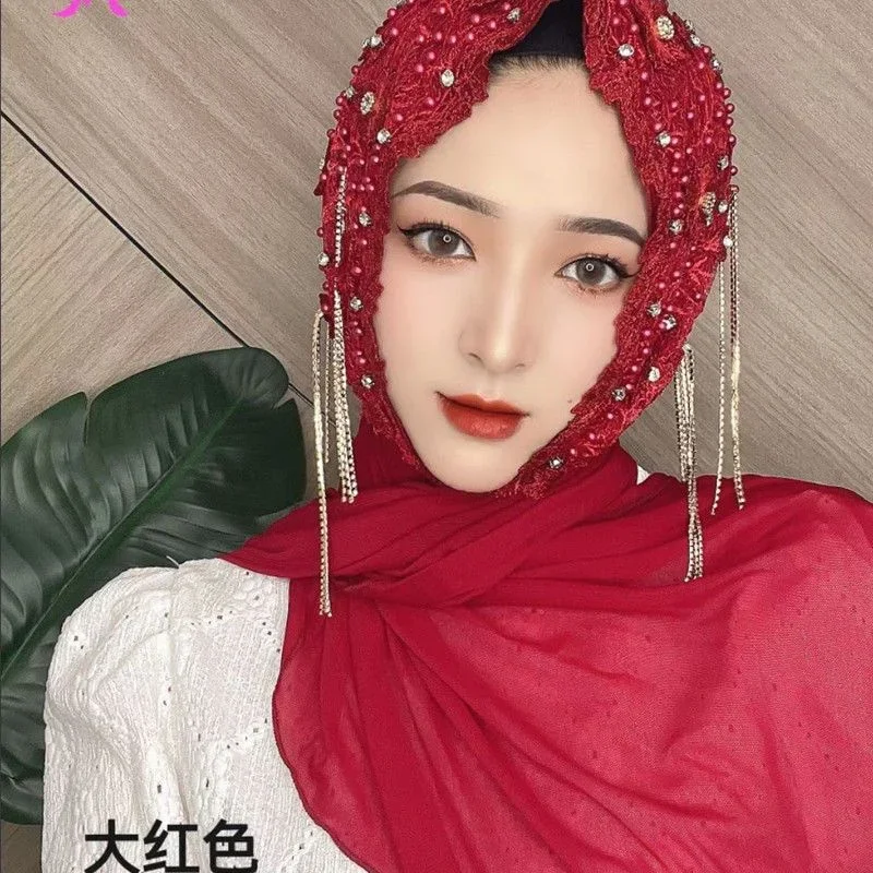 Luxury Muslim Wedding Hijab Scarves Embroidery Turban Hats Tassel Caps Malay Head Wrap For Women Beanie Dubai Islamic Head Scarf 6