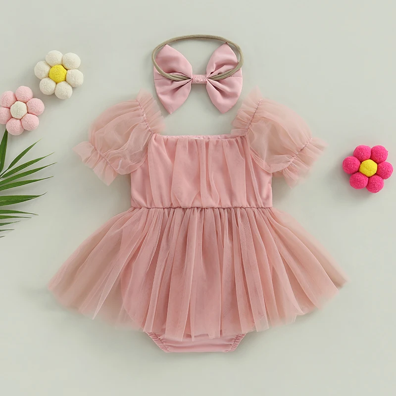 0-24 months baby girl romper dress short sleeve front bowknot tulle jumpsuit headband baby summer clothes
