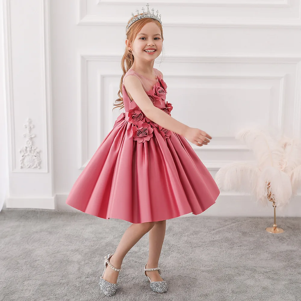 

Teenager Girls Princess Dress 3D Satin Flower Wedding Dress Stage Performance Fluffy Sleeve Girls Costume for School Performance