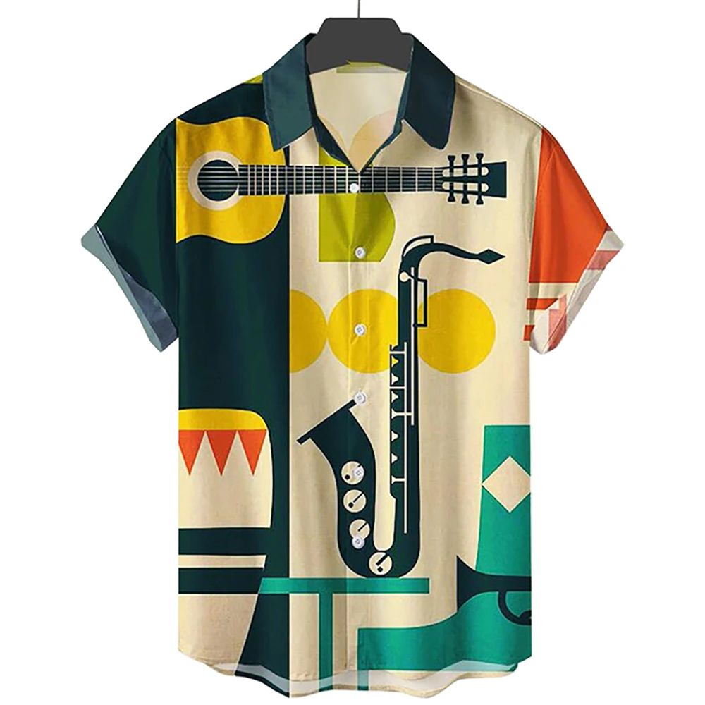 

2022 Men's Top Casual Hawaiian Shirt Musical Instrument Print Single Button Versatile Short Sleeve Plus Size Beach Shirt