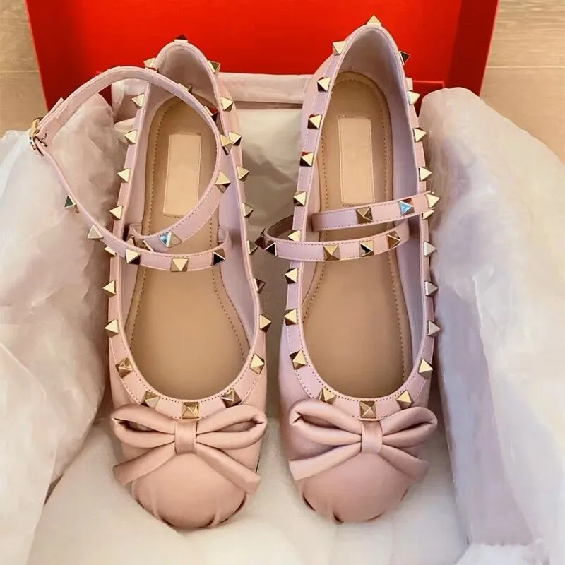 

NEW French Style Rivets Bandage Round Toe Women's Bow Silk Satin Ballet Flat Spring/Autumn Flats Bow Princess Girls Women Shoes