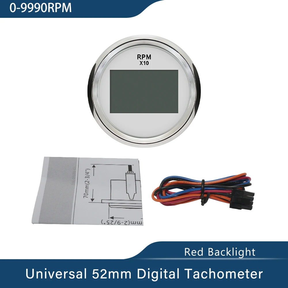 New Marine 52mm Digital Tachometer Car Truck Boat Tacho Gauge with Hourmeter Waterproof 0-999RPM with Red Backlight