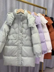 Women's Winter Hooded White Goose Down Parka Fashion Temperament Mid-length Jacket Thickened High-End Down Padded Warm Coat