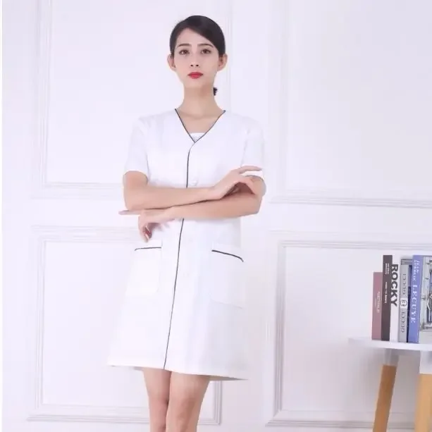 Black Beautician Tops Short Beauty Uniform Dress Spa Uniform Scrub White Plus Size Salon Grooming Clothes Lab Coat