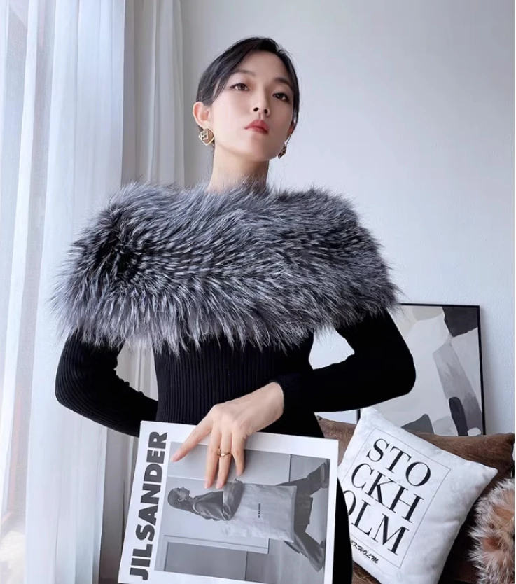 Neue Frauen Natürliche Fuchs Pelz Schal Schal Weibliche Warme Gestrickte Hohe Elastische Wraps Schulter Wärmer – Detail 7
