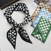 New Checkerboard Print Women Small Silk Scarf Handle Bag Ribbons Female Head Scarves Sharp Angle For Women  100*9cm 1