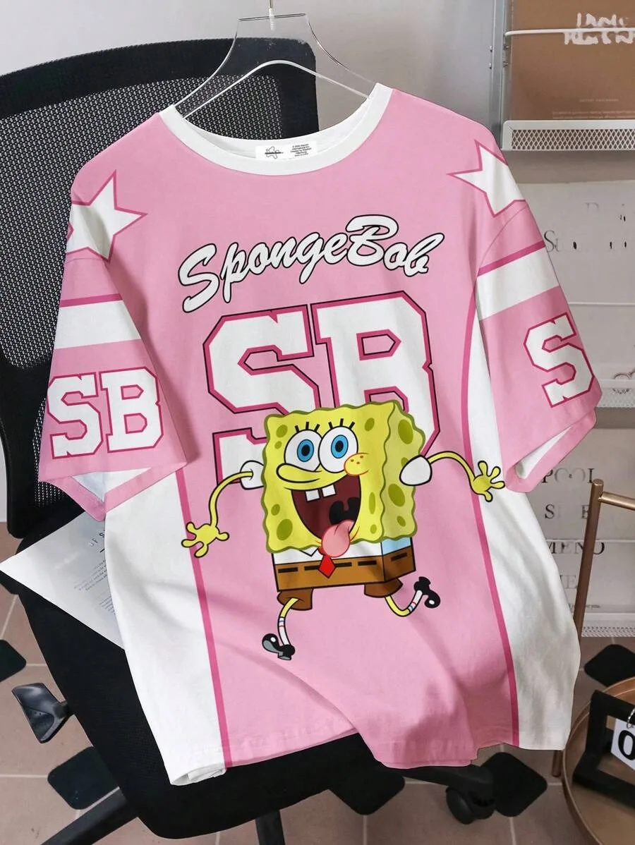 2026 Summer New SpongeBob Kids Sports Jersey Shirt Short Sleeve Family Dress Boys Girls Loose Large Fashion Casual T-shirt Top