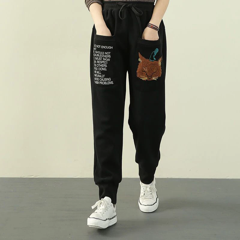 Autumn Winter Elastic Waist Fashion Printing Sporty Pants Female Loose Casual Add Velvet Thick Warm Sweatpants Women Trousers