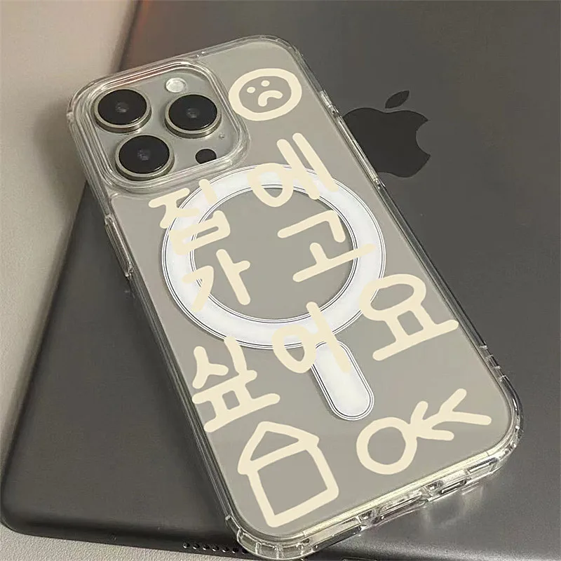 Korean-Inspired Cute Words Transparent Phone Case with Wireless Charging Support