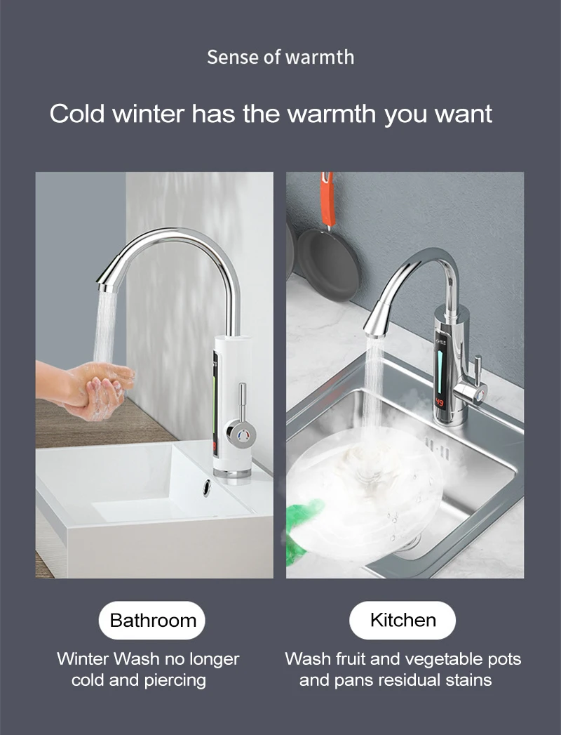 Stainless Steel Electric Water Heater Temperature Display Kitchen Tankless Instant Hot Water Faucet 3300W