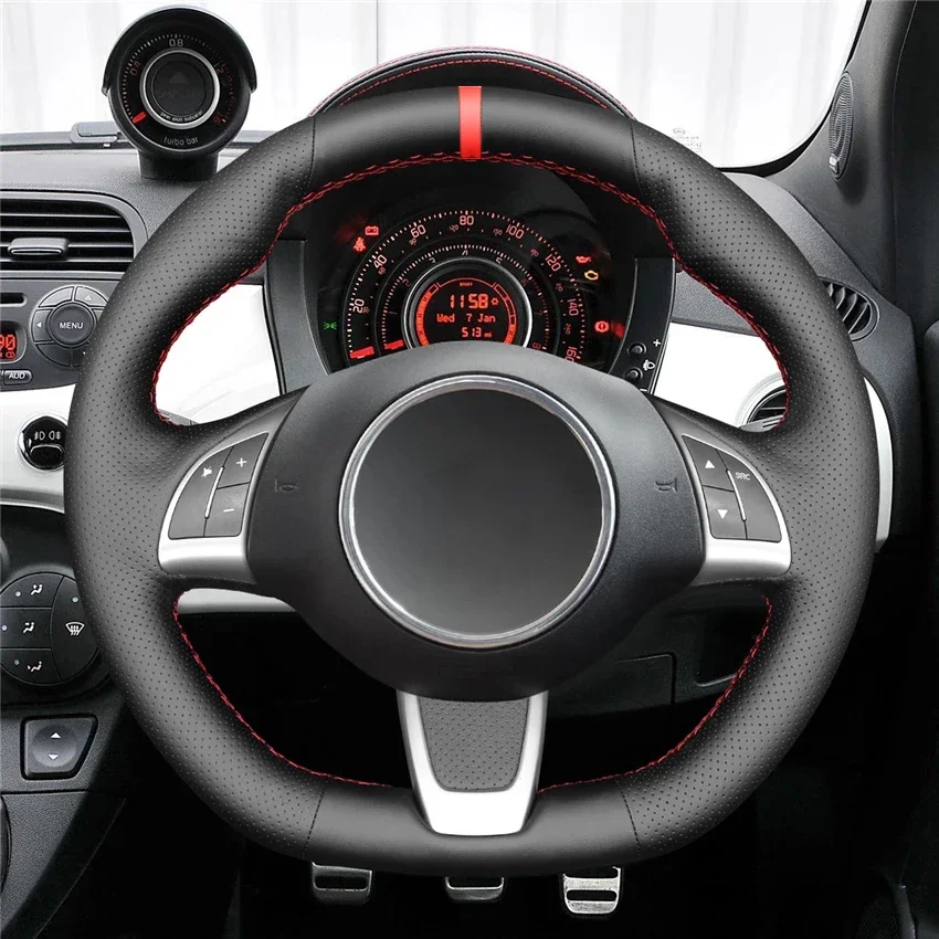 Black PU Faux Leather Red Marker Car Steering Wheel Cover For Fiat 500 500C (GQ/S) 2013-2015 Abarth 500 500C 595 595C 2009-2016