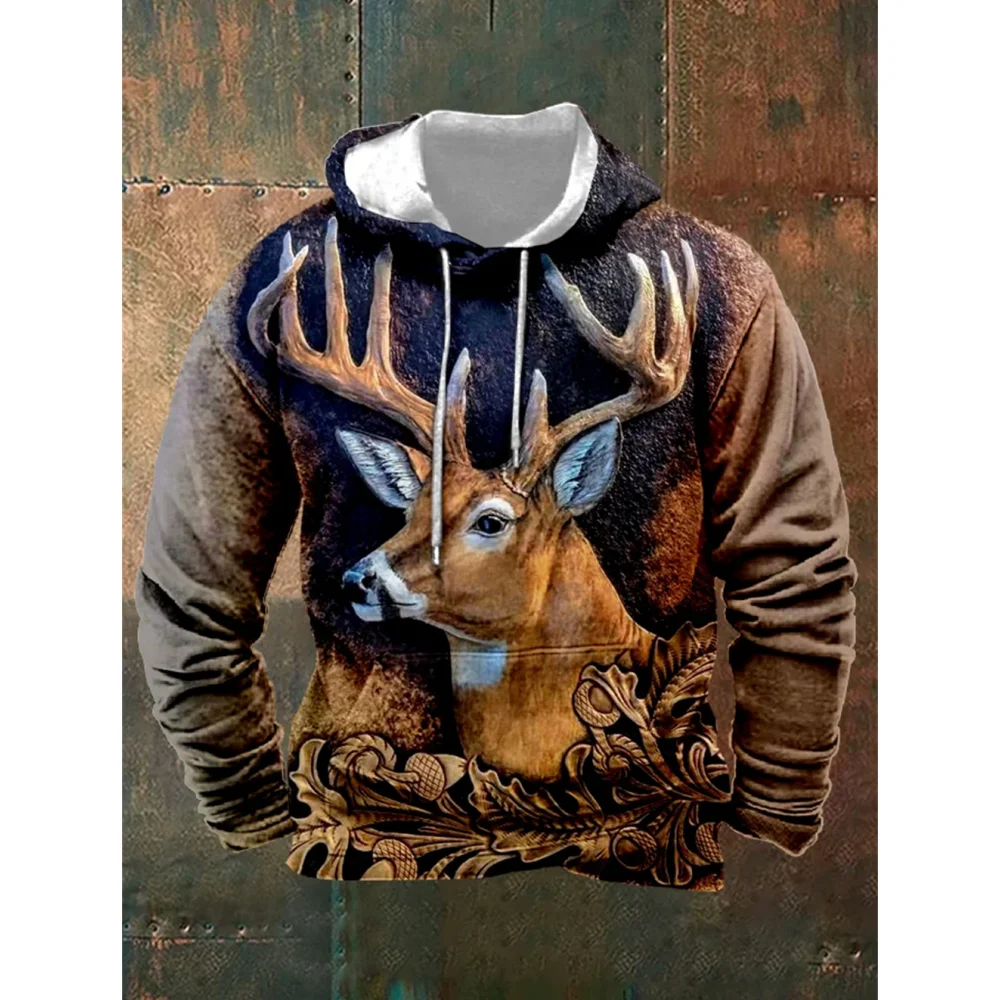 

Elk Deer Vintage Pullover Hoodies For Men Autumn Retro Men Hoodies Fashion Oversized Sweatshirt Long Sleeve Men's S Clothing Top